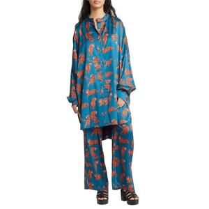 DRESSED IN LALA Tiger Oversized Button-Up Satin Shirt Size Small